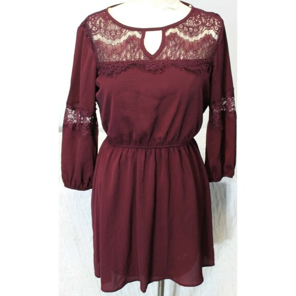New Lily Rose Merlot Purple Dress Floral Lace 3/4 Sleeves Womens S Elastic - Picture 1 of 9